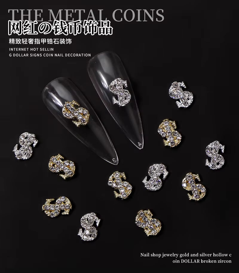 100Pcs Bling Money Sign Nail Charm Gold/Silver 