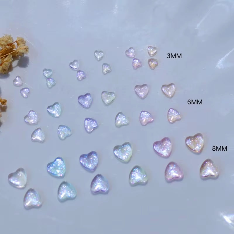 50Pcs Mixed Size Love Jewelry Nail Charms Aurora Heart Nail Art Decoration 3D Peach Heart Nail Parts for DIY Manicure Accessory