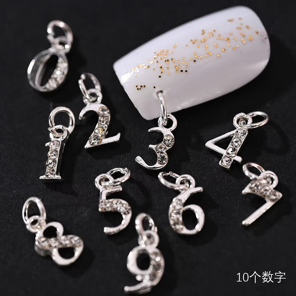 10/26Pcs Alphabet 3D (0-9)/A-Z Dangle Letter Gold/Silver Number Nail Pendant Charm