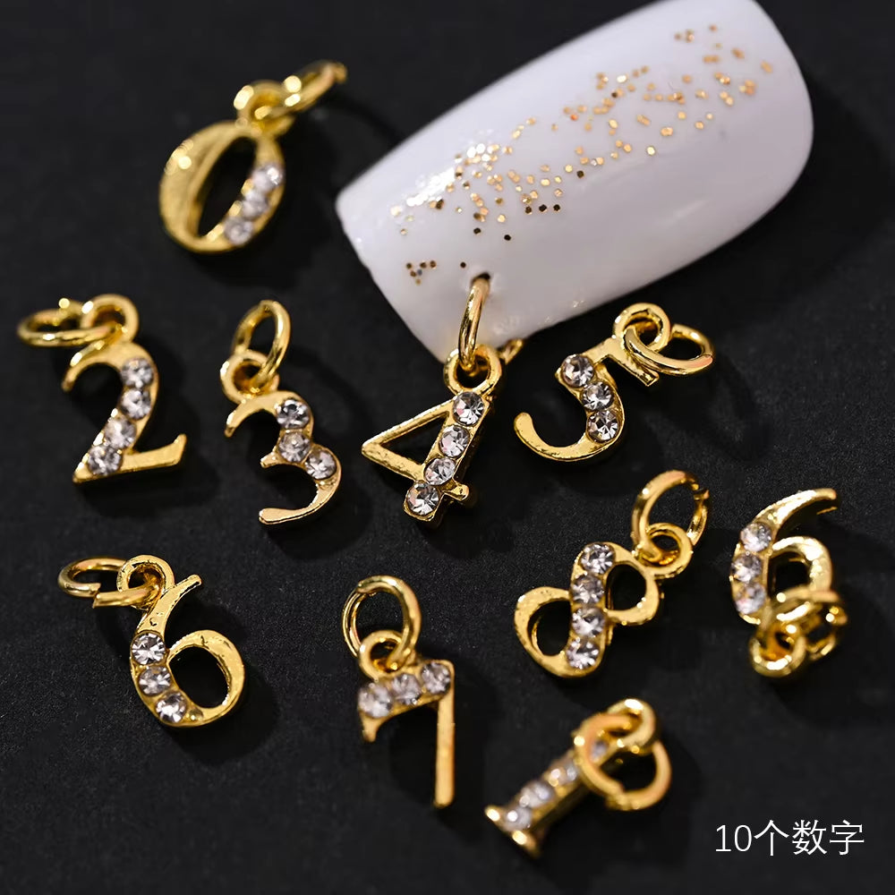 10/26Pcs Alphabet 3D (0-9)/A-Z Dangle Letter Gold/Silver Number Nail Pendant Charm