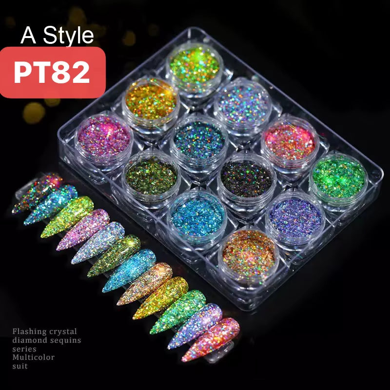 12Box/Set Mermaid Nail Glitter Powder Woolen Sugar Starlight Effect Chrome Nail Polish Design Glitter DIY Nail Pigment Powder